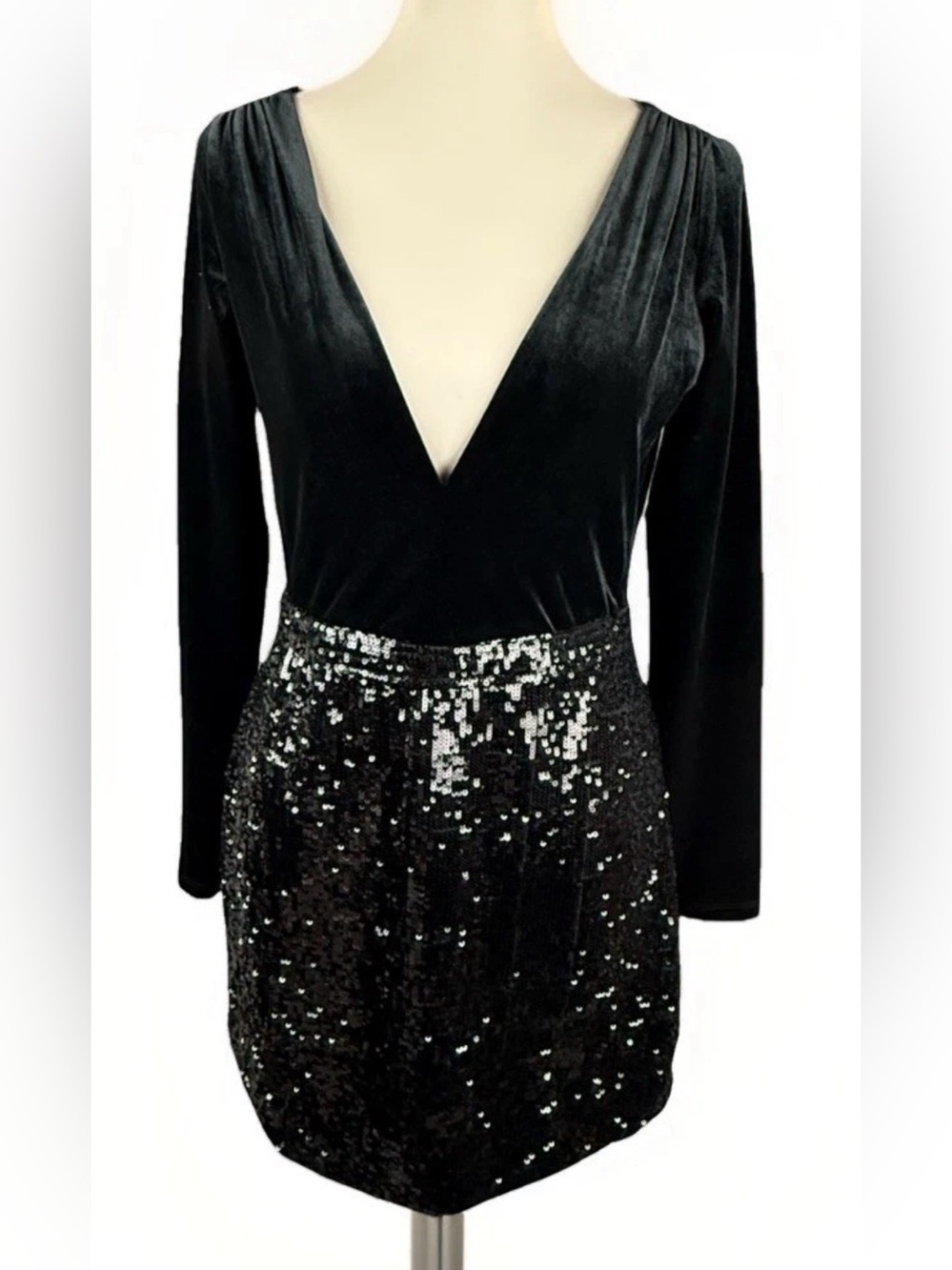 French Connection Black Velvet & Sequin Deep V Mini Dress